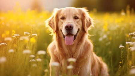 Golden Retriever dog in the field of flowers at sunset.Concept of national golden retriever day.の素材