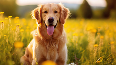 Golden Retriever in the yellow dandelion field at sunset.Concept of national golden retriever day.の素材