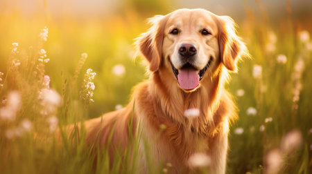 Golden Retriever dog on the grass in the meadow.Concept of national golden retriever day.の素材