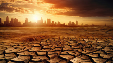 Drought land with city skyline at sunset. Global catastrophe Warning signs that humanity is nearing the end of the world.El Nino Concept.の素材