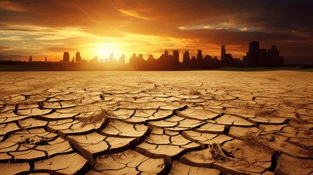 Drought land with city skyline at sunset. Global warming reaches a critical point.El Nino Concept.の素材