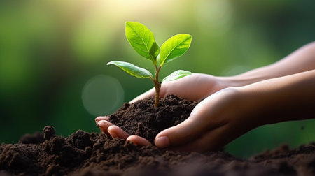 Human hands holding green sprout on fertile soil background. 
World soil day december 5.
The restoration of soil.の素材