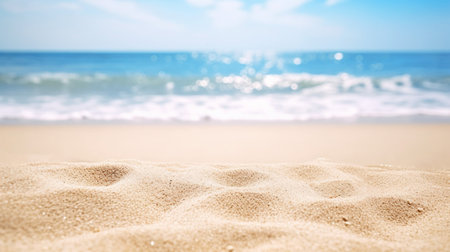 Closeup of sand on the beach with blue sky and sea background.
Tourism travel concept.
Summer background concept.
Concept of copy space for text or product mockup.の素材