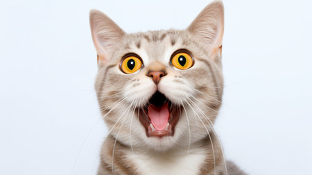 Portrait of a shocked cat with yellow eyes on a white background.Cat surprised on isolated white background.の素材