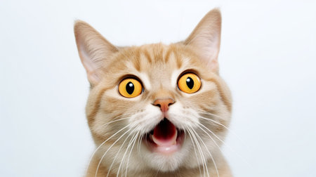 Portrait of a shocked cat with yellow eyes on a white background.Cat surprised on isolated white background.の素材