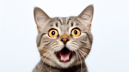 Portrait of a shocked cat with yellow eyes on a white background.Cat surprised on isolated white background.の素材