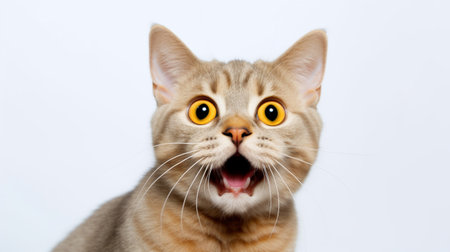 Portrait of a shocked cat with yellow eyes on a white background.Cat surprised on isolated white background.の素材
