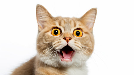 Close-up portrait of a shocked cat with open mouth on a white background.
Cat surprised on isolated white background.の素材