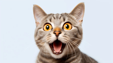 Shocked cat with yellow eyes isolated on white background. Cat surprised on isolated white background.の素材