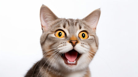 Portrait of a shocked cat with yellow eyes on a white background.Cat surprised on isolated white background.の素材