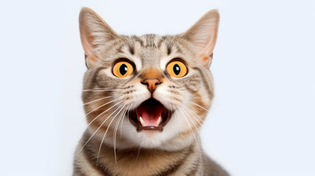 Close-up portrait of a shocked cat with open mouth on a white background.
Cat surprised on isolated white background.の素材