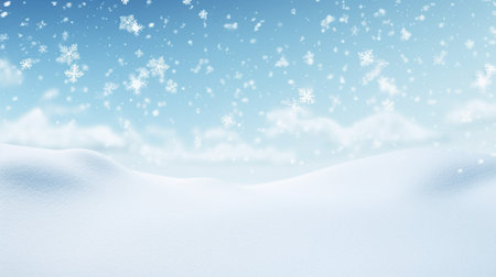 Winter background with snowflakes and blue sky.Winter background with pile of snow and snow falling background. Concept of copy space for text or image.の素材