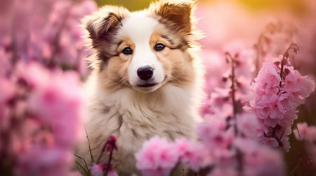 Portrait of a border collie dog on a background of pink flowers.の素材