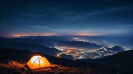 Camping in the mountains at night with a view of the night city.Concept of adventure travel,mountain climbing.
Backpacker hiking journey travel concept.の素材