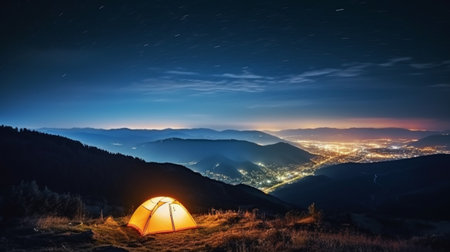 Camping in the mountains at night with a view of the night city.Concept of adventure travel,mountain climbing.
Nature tourism concept with tent.の素材