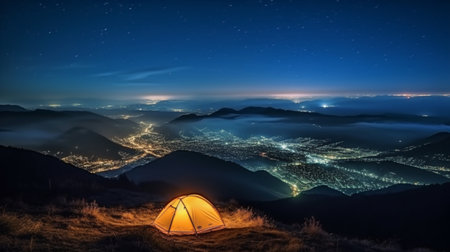 Camping in the mountains at night with a view of the city.Concept of adventure travel,mountain climbing.
Nature tourism concept with tent.
Backpacker hiking journey travel concept.の素材