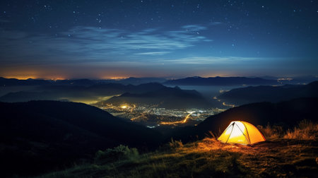 Camping in the mountains at night with view of the city.Concept of adventure travel,mountain climbing.
Nature tourism concept with tent.
Backpacker hiking journey travel concept.の素材