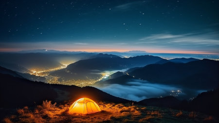 Camping on the mountain at night with a view of the valley.Concept of adventure travel,mountain climbing.
Backpacker hiking journey travel concept.の素材