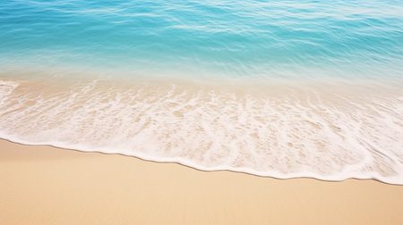 Soft wave of the sea on the sandy beach in summer time.Summer beach background with copy space for text. 
Summer vacation concept.の素材