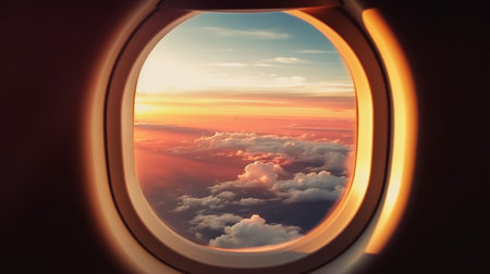 Airplane window view of clouds and sky at sunset. Travel and tourism concept.
Travel and vacation concept.の素材