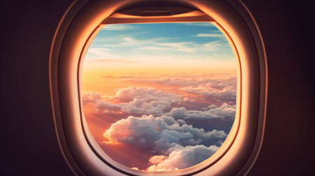 Sunset view from airplane window. Travel and vacation concept. Travel and tourism concept.の素材
