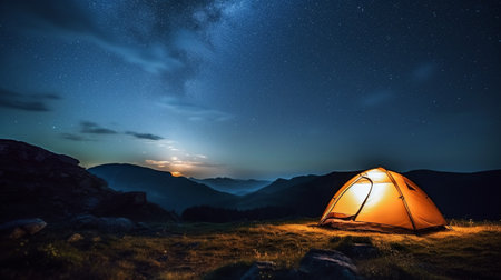 Camping in the mountains at night with a view of the starry sky.Concept of adventure travel,mountain climbing. Nature tourism concept with tent.の素材