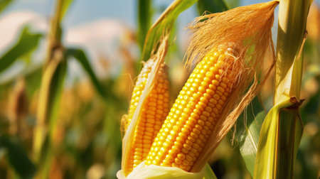 Ripe corn on the cob in the field, close-up.
The concept of processing corn into food, fuel, animal feed.
The concept of industrial crop production.の素材