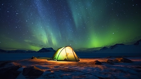Aurora borealis over a tent in the arctic landscape.Concept of adventure travel,mountain climbing. 
Nature tourism concept with tent.の素材