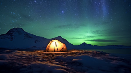 Camping in the mountains. Night landscape with a glowing tent.Concept of adventure travel,mountain climbing. 
Nature tourism concept with tent.の素材