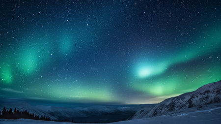 Aurora borealis, northern lights over snowy mountain landscape.Travel and tourism concept.の素材