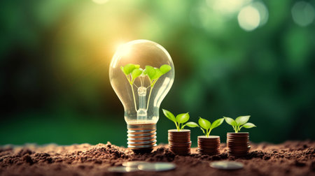 Light bulb with green seedling growing out of pile of coins on nature background, Ecology concept.の素材