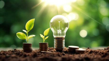 Energy saving light bulb with plant growing out of coins on nature background.の素材