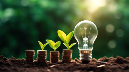 Light bulb and plant growing on coins with green bokeh background.Concept of saving money,green business,finance,investment for sustainability,environmental business,carbon credit.の素材