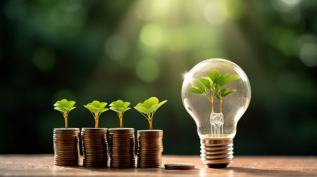 Energy saving light bulb and plant growing on pile of coins with nature bokeh background.の素材