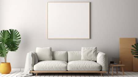 Interior of modern living room with white sofa and mock up poster, 3d render.の素材