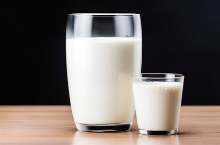 Two glasses of milk on a wooden table.Healthy vegan milk concept.
Plant based milk concept.
Lactose free,organic healthy milk concept.の素材