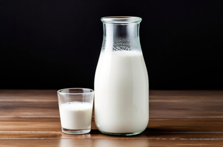 Milk in a glass bottle and a glass on a wooden table.Healthy vegan milk concept.
Plant based milk concept.
Lactose free,organic healthy milk concept.の素材