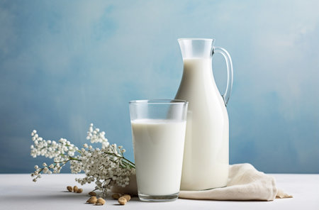 Milk in a glass and jug on a blue background with flowers.Healthy vegan milk concept.
Plant based milk concept.
Lactose free,organic healthy milk concept.の素材