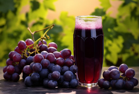 Red grape juice in a glass and fresh grapes on the table.Red wine concept.の素材