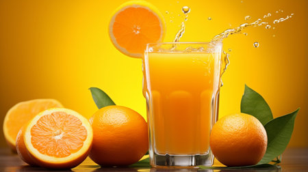 Fresh orange juice splash in a glass with oranges fruits on a yellow background.の素材