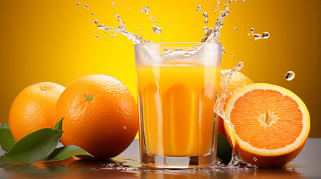 Fresh orange juice splash in a glass with oranges fruits on a yellow background.の素材