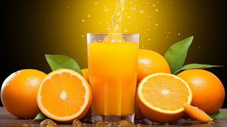 Fresh orange juice in a glass on a wooden table with oranges and green leaves.の素材