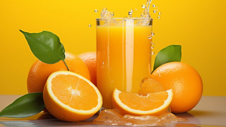 Fresh orange juice in glass with oranges fruits on yellow background, closeup.の素材