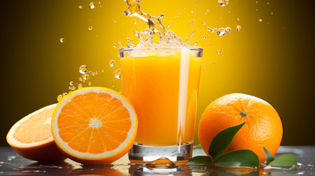 Fresh orange juice splash in a glass with oranges fruits on a yellow background.の素材