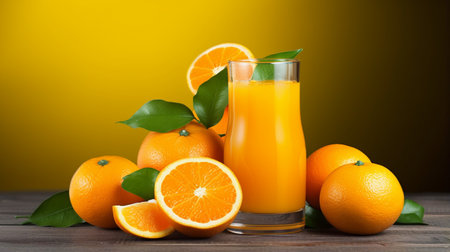Glass of orange juice with fresh oranges fruits on wooden table on yellow background.の素材