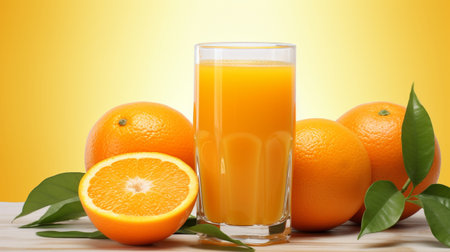 Glass of fresh orange juice and oranges fruits on wooden table, close up.の素材