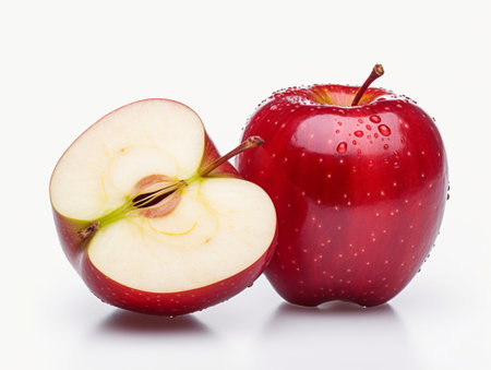 Red apples with one cut in half and one with water drops isolated on white background, clipping path included.の素材