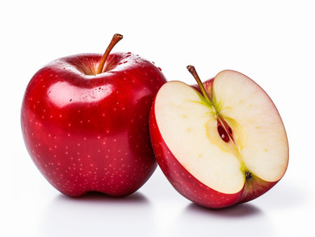 Red apples with one cut in half and one isolated on the white background,clipping path included.の素材