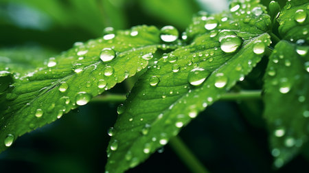 Water droplets on green leafs after rain,shallow DOF.Global warming from climate change concept.の素材