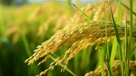 Paddy rice in the field, closeup of ears of rice.Rice field,agriculture organic,organic food concept.の素材